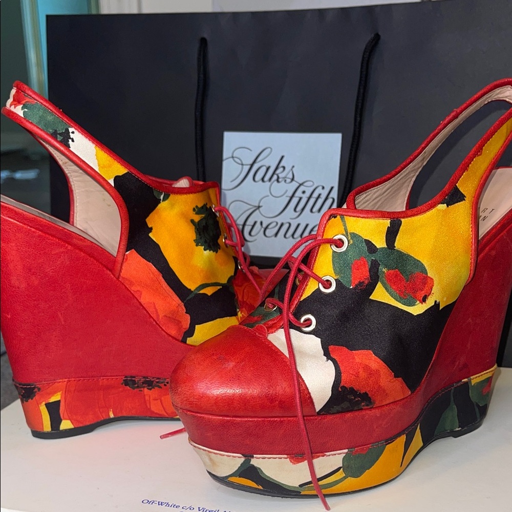 Stuart Weitzman Red and Yellow Floral Heels